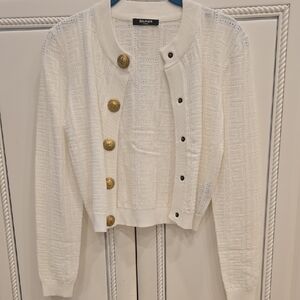 Balmain White Knit Cardigan with Gold Buttons